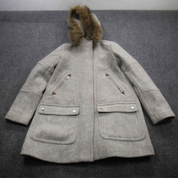 J. Crew Gray Hooded Coat with Faux Fur Trim - Picture 1 of 6